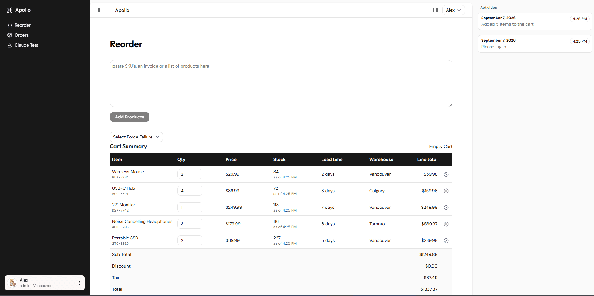 The Apollo reorder page: a cart of five priced line items showing stock, lead time and warehouse per row, with an activity log alongside it.